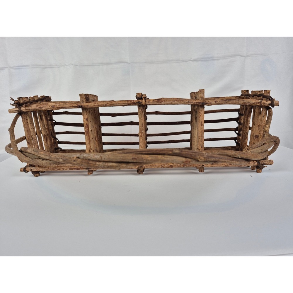 Large Vintage Rustic Twig Wood Basket Trug Primitive Farmhouse Cabin Decor - Picture 6 of 9